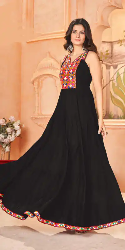 INLI Ghumati Black Heavy Rayon with Lace Work & Gamthi Work Gown . Get it for ₹1749. Delivery 4-6 Working Days. Shop now. | Bollywood Gowns, Creative Gowns, Designer Gowns, Embroidered Gowns, Gowns, Party Wear Gowns