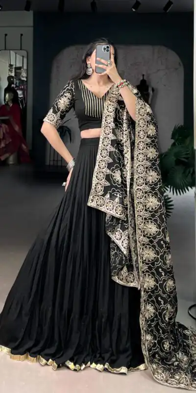 LNB 1691 Black Pure Rayon With Zari Work & Embroidery Work Lehenga Choli . Now at just ₹3699. Delivery 4-6 Working Days. Shop now. | Creative Lehenga, Bollywood Lehenga, Designer Lehenga, Embroidered Lehenga, Lehenga, Party Wear Lehenga