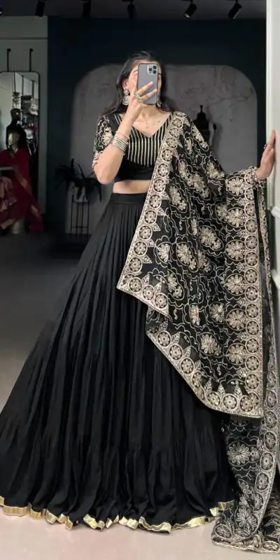 LNB 1691 Black Pure Rayon With Zari Work & Embroidery Work Lehenga Choli . Now at just ₹3699. Delivery 4-6 Working Days. Shop now. | Creative Lehenga, Bollywood Lehenga, Designer Lehenga, Embroidered Lehenga, Lehenga, Party Wear Lehenga