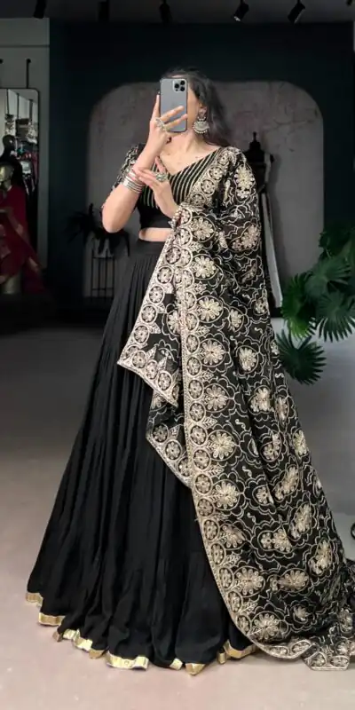 LNB 1691 Black Pure Rayon With Zari Work & Embroidery Work Lehenga Choli . Now at just ₹3699. Delivery 4-6 Working Days. Shop now. | Creative Lehenga, Bollywood Lehenga, Designer Lehenga, Embroidered Lehenga, Lehenga, Party Wear Lehenga