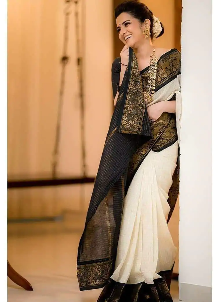 KP 3025 Black Soft Lichi Silk Saree Perfect for Wedding, Party, Baby Shower, Onam, Durga Puja . Available at ₹1449 only. Delivery 4-6 Working Days. | Embroidered Sarees, Bollywood Sarees, Creative Sarees, Designer Sarees, Ethnic Saree, Modern Digital sarees, Party Wear Sarees, Sarees
