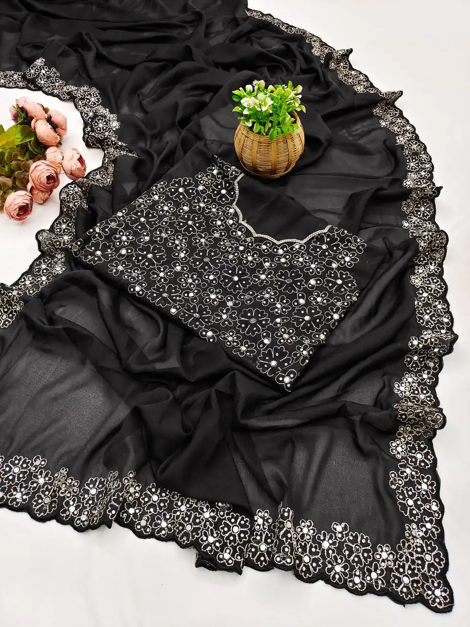 BT 12 Black Soft Star Georgette Silk with Embroidery Work & Mirror Work Saree . Exclusive Offer ₹1999. Delivery 4-6 Working Days. Shop now. | Embroidered Sarees, Bollywood Sarees, Creative Sarees, Designer Sarees, Ethnic Saree, Modern Digital sarees, Party Wear Sarees, Sarees