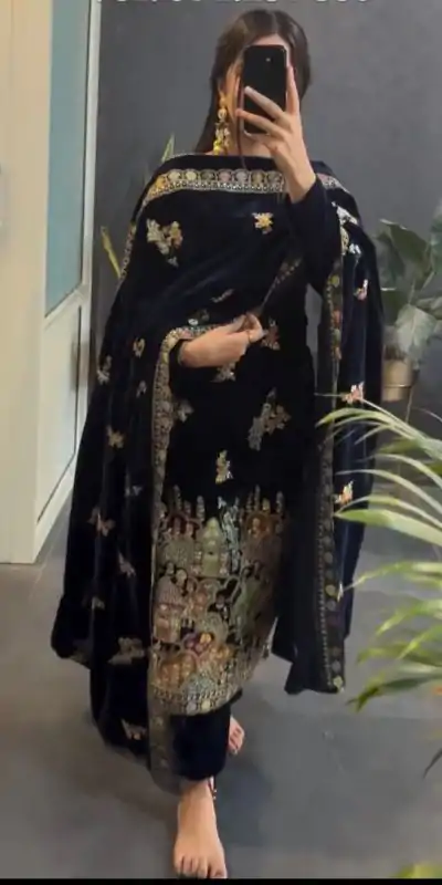 VLM 237 Black Viscose Velvet Salwar Suit Perfect for Wedding, Party, Karwa Chauth, Pooja, Ethnic Day – . Exclusive Offer ₹2449. Delivery 4-6 Working Days | Casual Suits, Jump Suits, Creative suits, Designer Suits, Palazzo Suits, Party Wear Suits, Patiala Suits, Salwar suit, Straight Suits