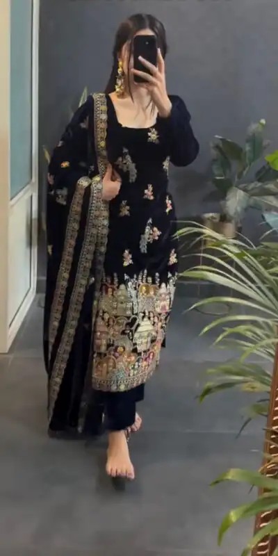 VLM 237 Black Viscose Velvet Salwar Suit Perfect for Wedding, Party, Karwa Chauth, Pooja, Ethnic Day – . Exclusive Offer ₹2449. Delivery 4-6 Working Days | Casual Suits, Jump Suits, Creative suits, Designer Suits, Palazzo Suits, Party Wear Suits, Patiala Suits, Salwar suit, Straight Suits