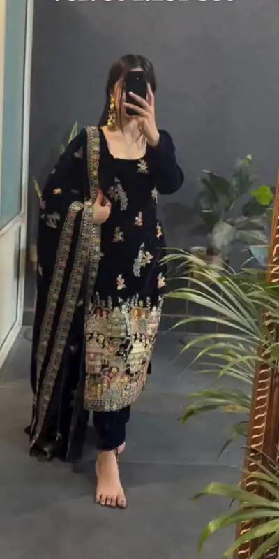 VLM 237 Black Viscose Velvet Salwar Suit Perfect for Wedding, Party, Karwa Chauth, Pooja, Ethnic Day – . Exclusive Offer ₹2449. Delivery 4-6 Working Days | Casual Suits, Jump Suits, Creative suits, Designer Suits, Palazzo Suits, Party Wear Suits, Patiala Suits, Salwar suit, Straight Suits