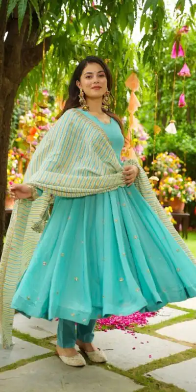 SRK 5298 Blue Faux Georgette With Embroidery Work With Fancy Full Sleeve Gown Perfect for Wedding, Party, Pooja, Mehendi, Traditional Day . Best Price 1999 | Bollywood Gowns, Creative Gowns, Designer Gowns, Embroidered Gowns, Gowns, Party Wear Gowns