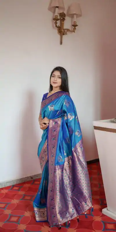 MB Paithani-3 Blue Color in Pethani Silk Zari Work & Lace Work Saree . Grab it for ₹2199. Delivery 4-6 Working Days. Shop now. | Creative Sarees, Embroidered Sarees, Bollywood Sarees, Designer Sarees, Ethnic Saree, Modern Digital sarees, Party Wear Sarees, Sarees