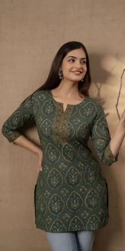 INLI Blush 2.0 Bottle Green Cotton Printed Designer Work Kurti in Wedding, Party, Festive, Events, Special Price ₹1269. Delivery 4-6 Working Days. Shop now. | Bollywood Kurti, Creative Kurtis, Designer Kurti, Kurti, Party Wear Kurti, Selfie Kurti