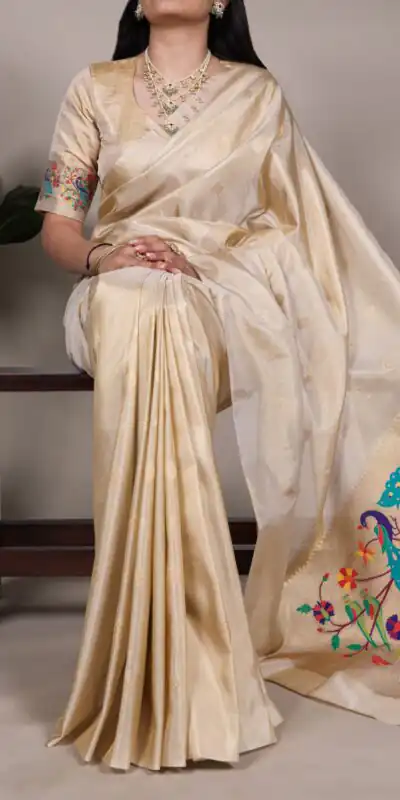 YNF 7905 Cream Tissue Paithani with Zari Work Saree .Wedding, Party, Festive, Events, Best Price ₹2399. Delivery 4-6 Working Days. Shop now. | Creative Sarees, Embroidered Sarees, Bollywood Sarees, Designer Sarees, Ethnic Saree, Modern Digital sarees, Party Wear Sarees, Sarees