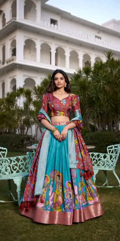 LNB 1231 Firozi Dola Silk Jacquard Silk Kalamkari Print & Zari Work Lehenga Choli in Best Price ₹1899. Delivery 4-6 Working Days. Shop now. | Creative Lehenga, Bollywood Lehenga, Designer Lehenga, Embroidered Lehenga, Lehenga, Party Wear Lehenga