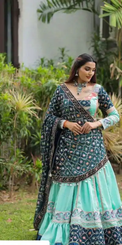 KF 1597 Firozi Silk with Cowrie Work & Embroidery Work Lehenga Choli . Grab it for ₹2599. Delivery 4-6 Working Days. Shop now. | Bollywood Lehenga, Creative Lehenga, Designer Lehenga, Embroidered Lehenga, Lehenga, Party Wear Lehenga