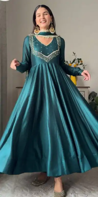 VLM 238 Firozi in Star Georgette. Lace Work Gown Wedding, Party, Festive, Events at ₹1999 only. Delivery 4-6 Working Days. Shop now. | Bollywood Gowns, Creative Gowns, Designer Gowns, Embroidered Gowns, Gowns, Party Wear Gowns