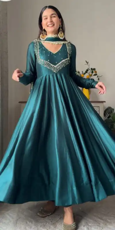 VLM 238 Firozi in Star Georgette. Lace Work Gown Wedding, Party, Festive, Events at ₹1999 only. Delivery 4-6 Working Days. Shop now. | Bollywood Gowns, Creative Gowns, Designer Gowns, Embroidered Gowns, Gowns, Party Wear Gowns