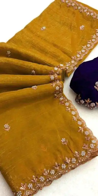 Gold Crunchy Chiffon Embroidery Work Saree