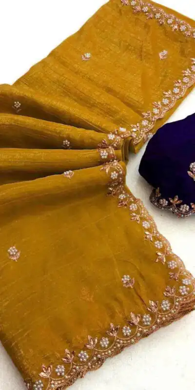 BT 1267 Gold in Crunchy Chiffon Embroidery Work Saree . Wedding, Party, Festive, Events, Exclusive Offer ₹1749. Delivery 4-6 Working Days. Shop now. | Creative Sarees, Embroidered Sarees, Bollywood Sarees, Designer Sarees, Ethnic Saree, Modern Digital sarees, Party Wear Sarees, Sarees