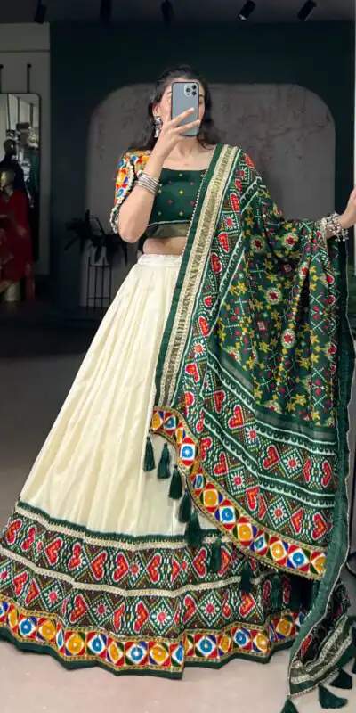 LNB 1735 Green in Tasar Silk Mirror Work & Gamthi Work Lehenga Choli . Get it for ₹2999. Delivery 4-6 Working Days. Shop now. | Creative Lehenga, Bollywood Lehenga, Designer Lehenga, Embroidered Lehenga, Lehenga, Party Wear Lehenga