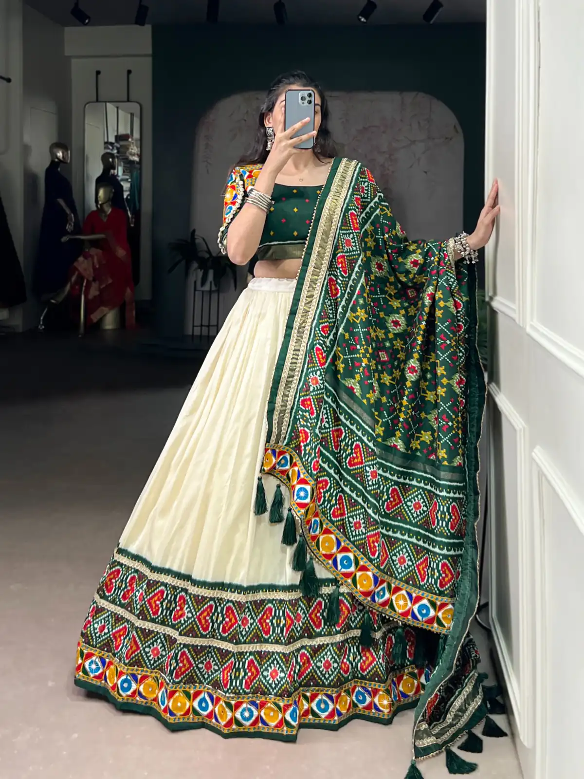 LNB 1735 Green in Tasar Silk Mirror Work & Gamthi Work Lehenga Choli . Get it for ₹2999. Delivery 4-6 Working Days. Shop now. | Creative Lehenga, Bollywood Lehenga, Designer Lehenga, Embroidered Lehenga, Lehenga, Party Wear Lehenga