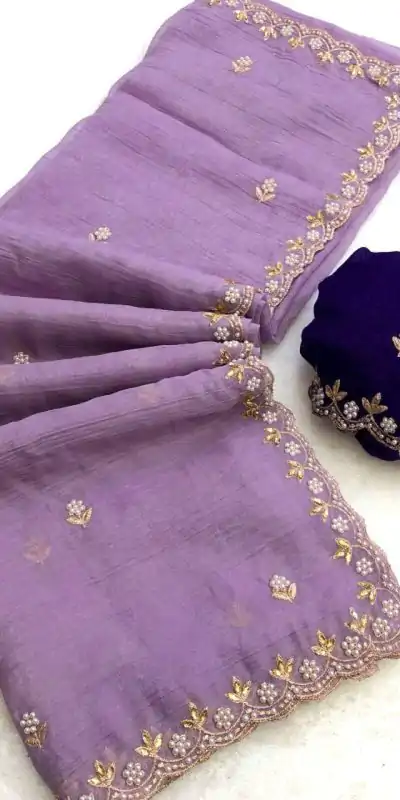 Lavender Crunchy Chiffon Embroidery Work Saree