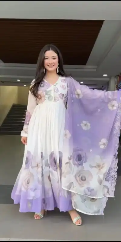 SR 1686 Lavender Faux Georgette With Embroidery Sequence Work With Fully Flair Gown Perfect for Wedding, Party, 4-6 Working Days At 2049 Only | Bollywood Gowns, Creative Gowns, Designer Gowns, Embroidered Gowns, Gowns, Party Wear Gowns