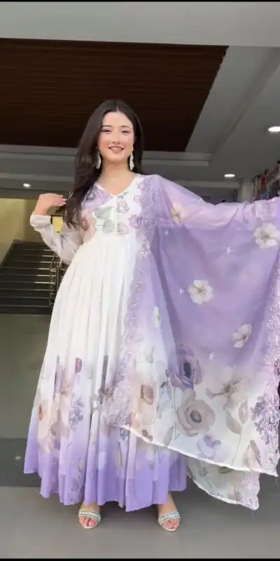 SR 1686 Lavender Faux Georgette With Embroidery Sequence Work With Fully Flair Gown Perfect for Wedding, Party, 4-6 Working Days At 2049 Only | Bollywood Gowns, Creative Gowns, Designer Gowns, Embroidered Gowns, Gowns, Party Wear Gowns