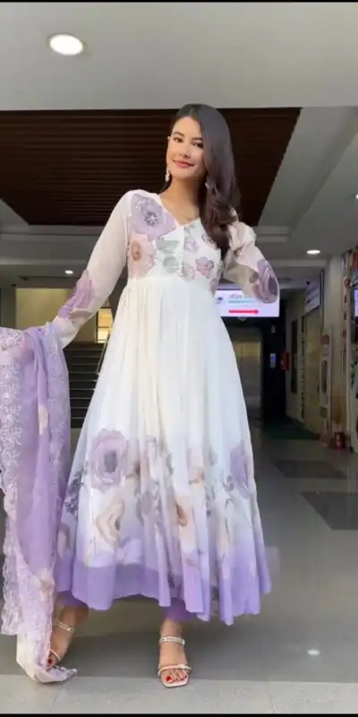 SR 1686 Lavender Faux Georgette With Embroidery Sequence Work With Fully Flair Gown Perfect for Wedding, Party, 4-6 Working Days At 2049 Only | Bollywood Gowns, Creative Gowns, Designer Gowns, Embroidered Gowns, Gowns, Party Wear Gowns