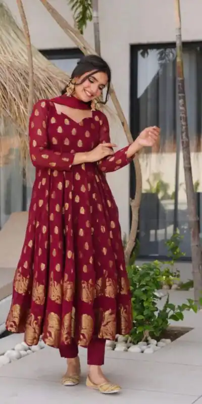 VLM 299 Maroon Faux Georgette With Embroidery Work Gown Perfect for Wedding, Party, Ethnic Day, Housewarming, Cultural Events At 2099/-Only | Bollywood Gowns, Creative Gowns, Designer Gowns, Embroidered Gowns, Gowns, Party Wear Gowns