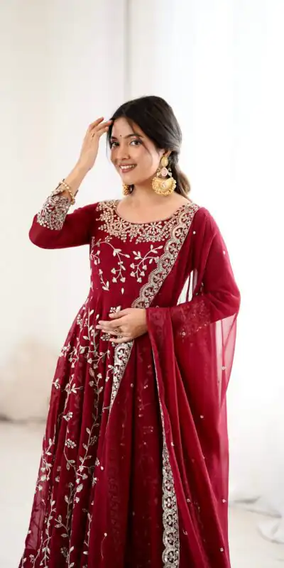 SRK 5299 Maroon Faux Georgette With Sequence Work Perfect for Wedding, Party, Temple Visit, Ganesh Chaturthi Festive, Events, 4-6 Working Days At 2149 | Bollywood Gowns, Creative Gowns, Designer Gowns, Embroidered Gowns, Gowns, Party Wear Gowns