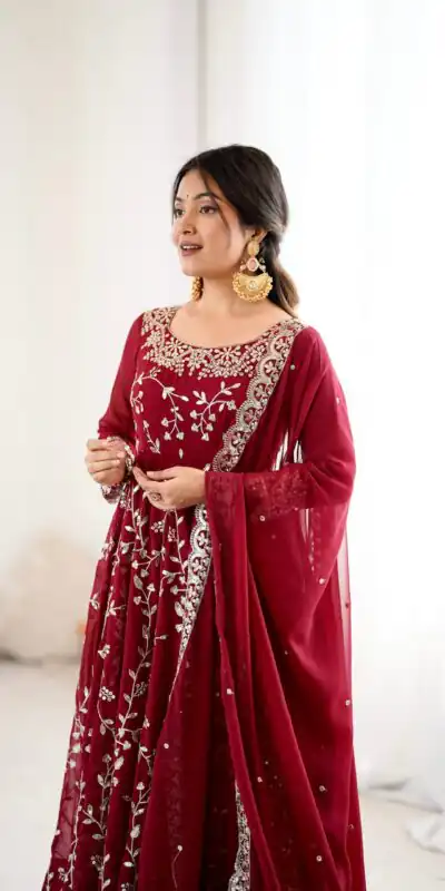 SRK 5299 Maroon Faux Georgette With Sequence Work Perfect for Wedding, Party, Temple Visit, Ganesh Chaturthi Festive, Events, 4-6 Working Days At 2149 | Bollywood Gowns, Creative Gowns, Designer Gowns, Embroidered Gowns, Gowns, Party Wear Gowns