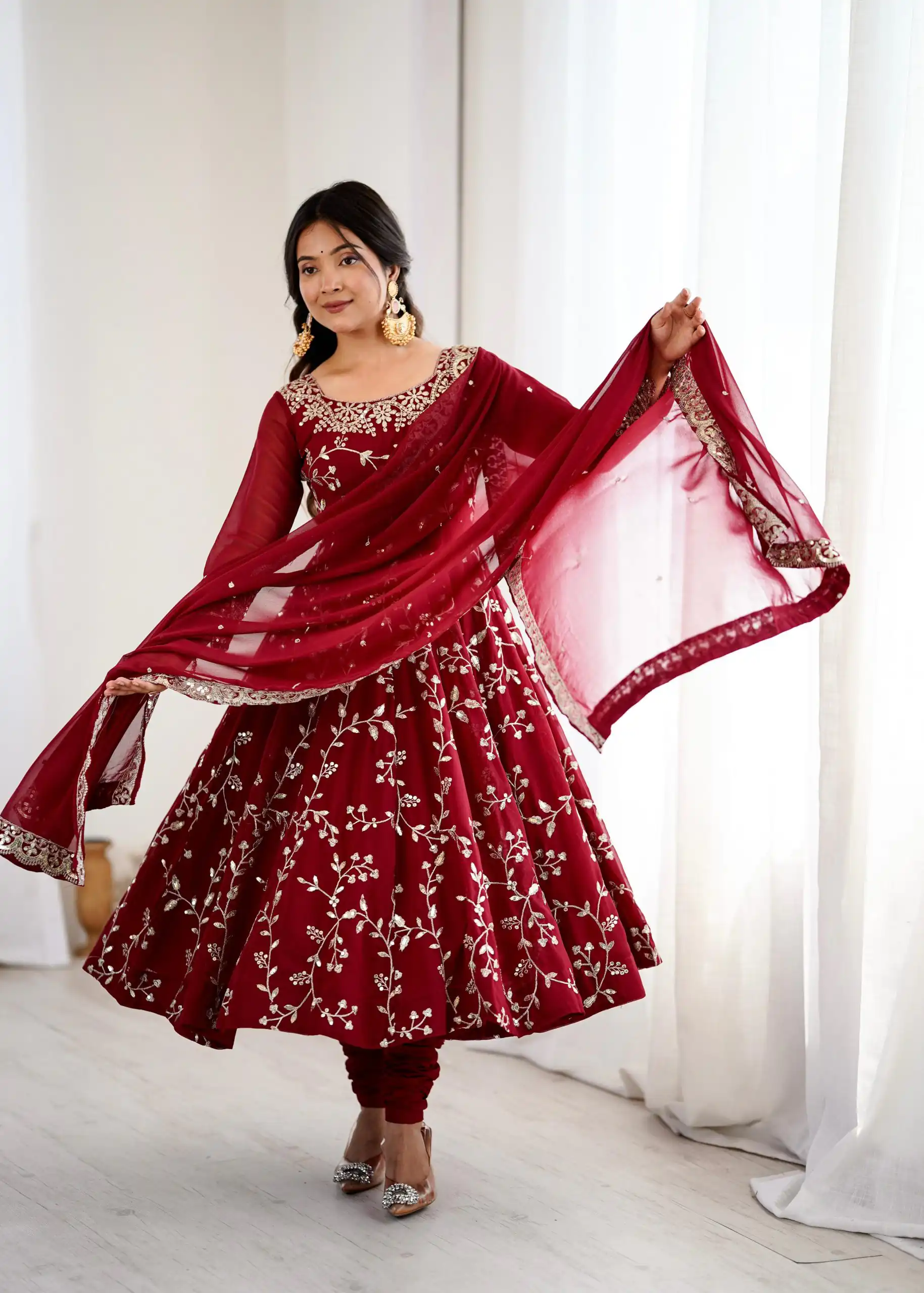 SRK 5299 Maroon Faux Georgette With Sequence Work Perfect for Wedding, Party, Temple Visit, Ganesh Chaturthi Festive, Events, 4-6 Working Days At 2149 | Bollywood Gowns, Creative Gowns, Designer Gowns, Embroidered Gowns, Gowns, Party Wear Gowns