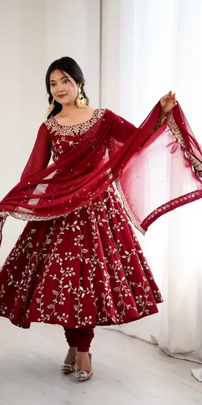 SRK 5299 Maroon Faux Georgette With Sequence Work Perfect for Wedding, Party, Temple Visit, Ganesh Chaturthi Festive, Events, 4-6 Working Days At 2149 | Bollywood Gowns, Creative Gowns, Designer Gowns, Embroidered Gowns, Gowns, Party Wear Gowns