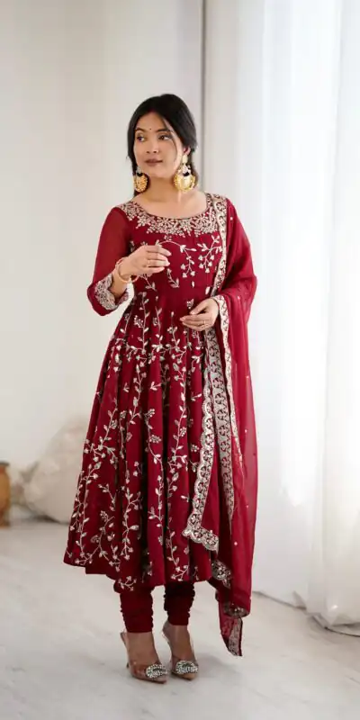 SRK 5299 Maroon Faux Georgette With Sequence Work Perfect for Wedding, Party, Temple Visit, Ganesh Chaturthi Festive, Events, 4-6 Working Days At 2149 | Bollywood Gowns, Creative Gowns, Designer Gowns, Embroidered Gowns, Gowns, Party Wear Gowns