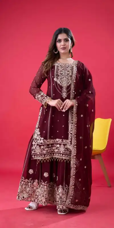 SR 1688 Maroon Faux Georgette with Lace Work & Embroidery Work. Salwar Suit Introductory Price ₹1949. Delivery 4-6 Working Days. Shop now. | Casual Suits, Jump Suits, Creative suits, Designer Suits, Palazzo Suits, Party Wear Suits, Patiala Suits, Salwar suit, Straight Suits