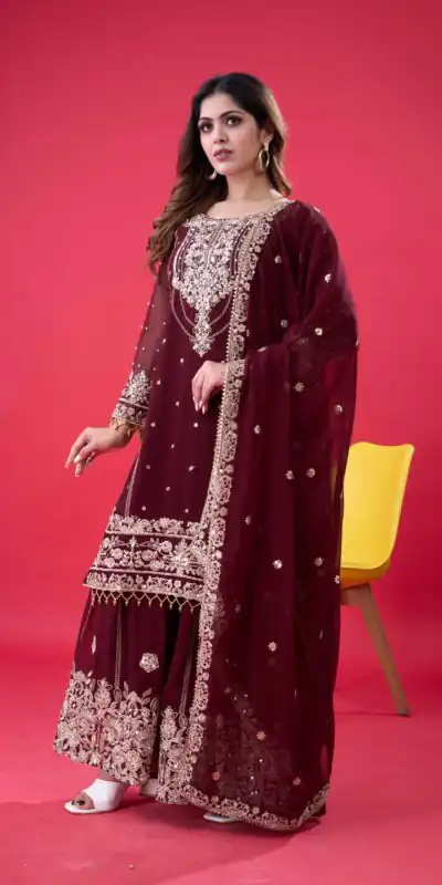 SR 1688 Maroon Faux Georgette with Lace Work & Embroidery Work. Salwar Suit Introductory Price ₹1949. Delivery 4-6 Working Days. Shop now. | Casual Suits, Jump Suits, Creative suits, Designer Suits, Palazzo Suits, Party Wear Suits, Patiala Suits, Salwar suit, Straight Suits