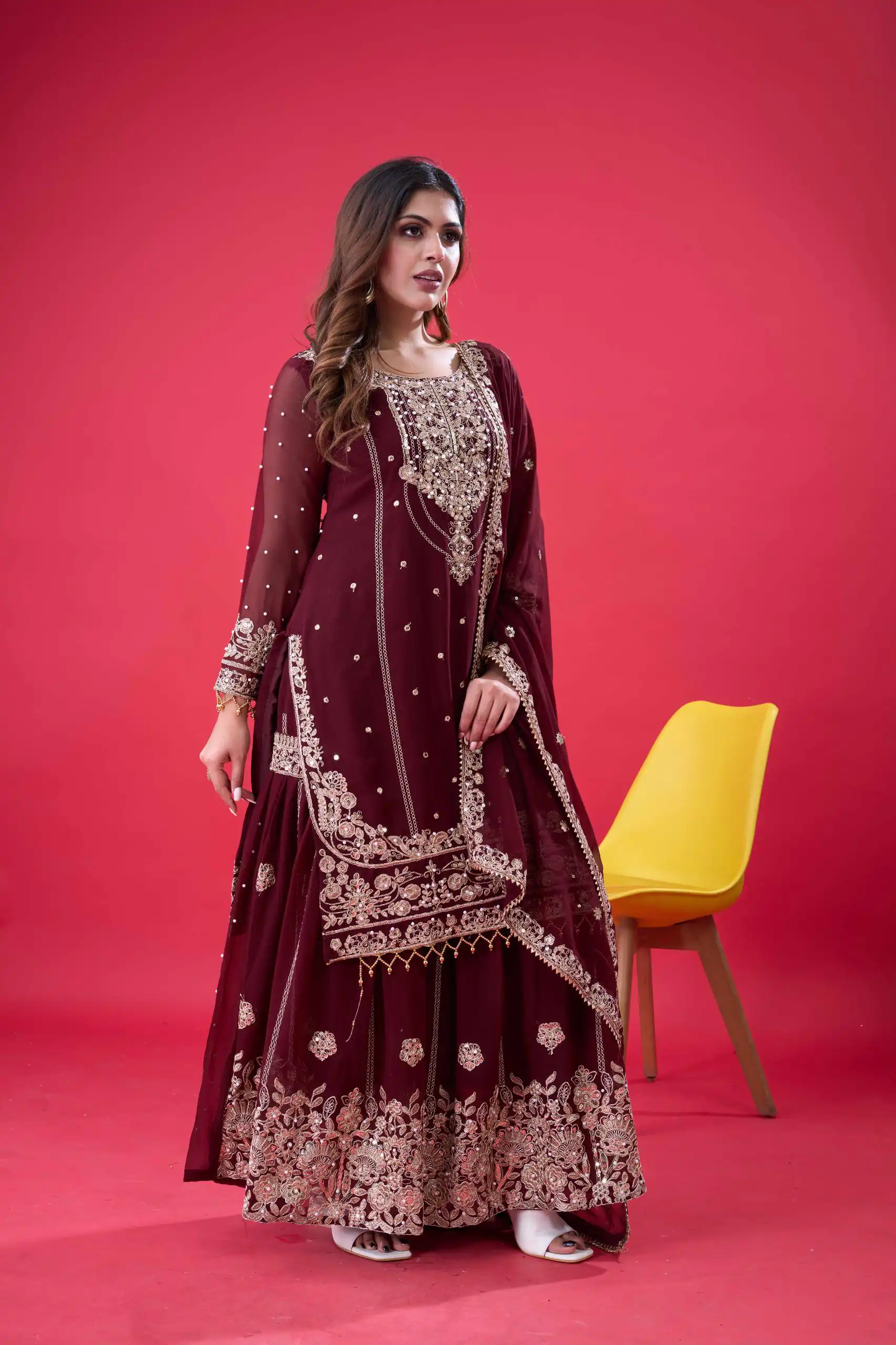 SR 1688 Maroon Faux Georgette with Lace Work & Embroidery Work. Salwar Suit Introductory Price ₹1949. Delivery 4-6 Working Days. Shop now. | Casual Suits, Jump Suits, Creative suits, Designer Suits, Palazzo Suits, Party Wear Suits, Patiala Suits, Salwar suit, Straight Suits