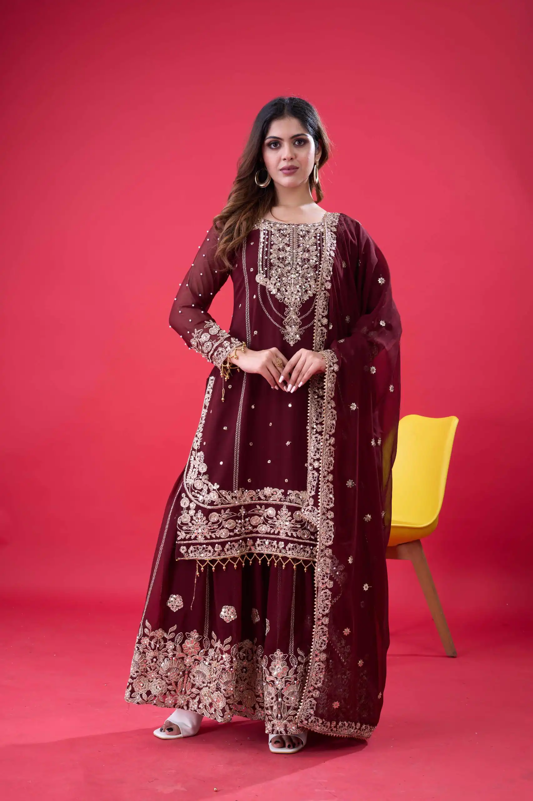 SR 1688 Maroon Faux Georgette with Lace Work & Embroidery Work. Salwar Suit Introductory Price ₹1949. Delivery 4-6 Working Days. Shop now. | Casual Suits, Jump Suits, Creative suits, Designer Suits, Palazzo Suits, Party Wear Suits, Patiala Suits, Salwar suit, Straight Suits