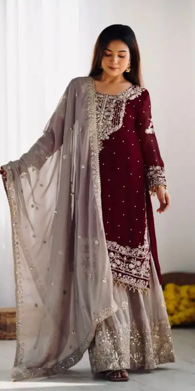 SR 1676 Maroon Heavy Faux Georgette With Heavy Embroidery Perfect for Wedding, Party, Ethnic Day, Reception, Diwali 4-6 Working Days At 2049/- Only | Casual Suits, Jump Suits, Creative suits, Designer Suits, Palazzo Suits, Party Wear Suits, Patiala Suits, Salwar suit, Straight Suits