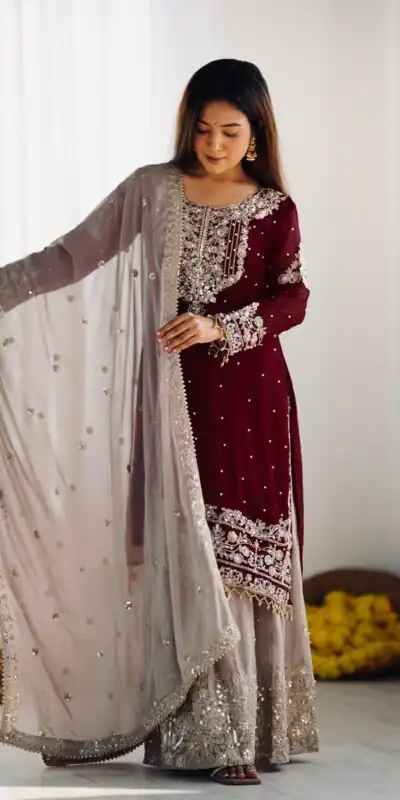 SR 1676 Maroon Heavy Faux Georgette With Heavy Embroidery Perfect for Wedding, Party, Ethnic Day, Reception, Diwali 4-6 Working Days At 2049/- Only | Casual Suits, Jump Suits, Creative suits, Designer Suits, Palazzo Suits, Party Wear Suits, Patiala Suits, Salwar suit, Straight Suits