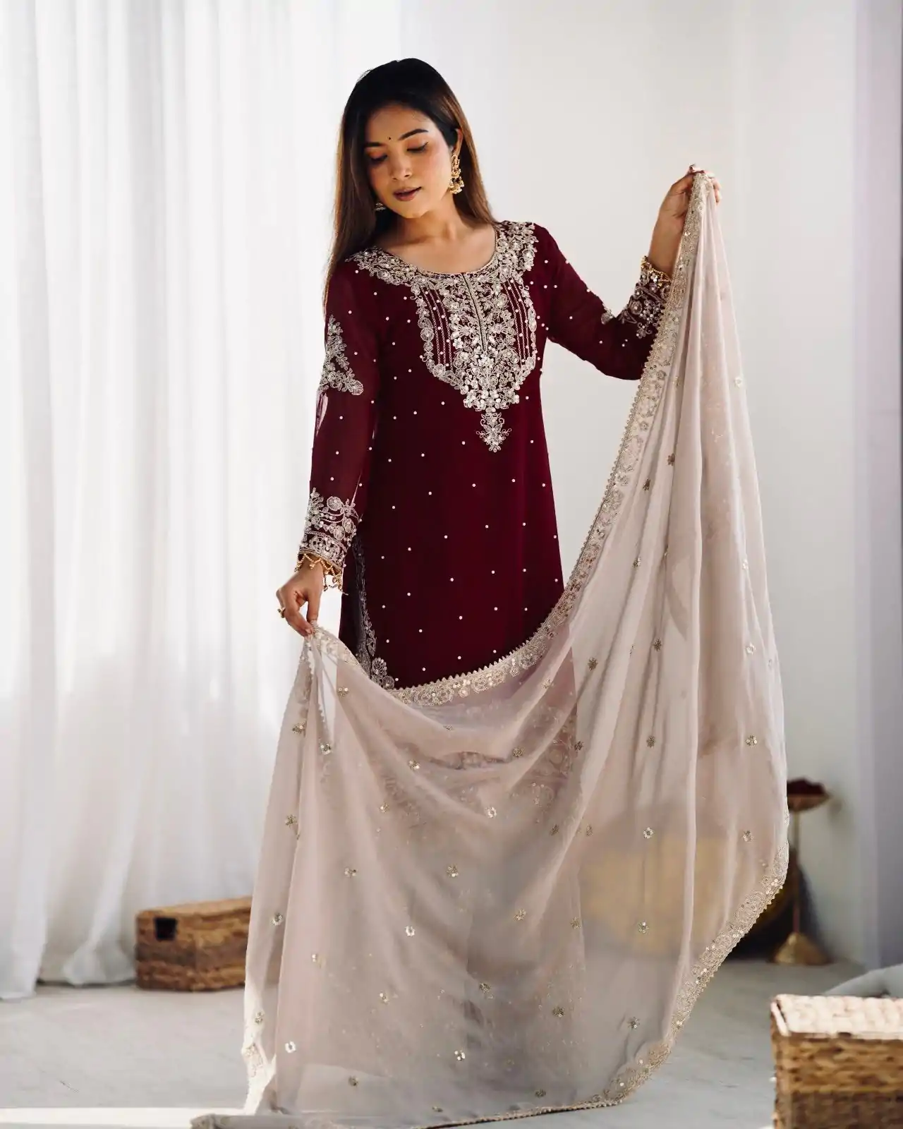 SR 1676 Maroon Heavy Faux Georgette With Heavy Embroidery Perfect for Wedding, Party, Ethnic Day, Reception, Diwali 4-6 Working Days At 2049/- Only | Casual Suits, Jump Suits, Creative suits, Designer Suits, Palazzo Suits, Party Wear Suits, Patiala Suits, Salwar suit, Straight Suits
