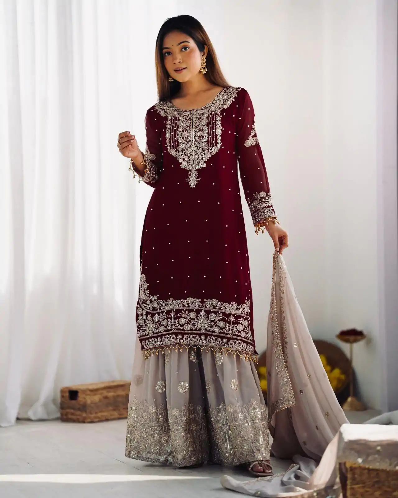 SR 1676 Maroon Heavy Faux Georgette With Heavy Embroidery Perfect for Wedding, Party, Ethnic Day, Reception, Diwali 4-6 Working Days At 2049/- Only | Casual Suits, Jump Suits, Creative suits, Designer Suits, Palazzo Suits, Party Wear Suits, Patiala Suits, Salwar suit, Straight Suits
