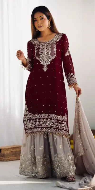 SR 1676 Maroon Heavy Faux Georgette With Heavy Embroidery Perfect for Wedding, Party, Ethnic Day, Reception, Diwali 4-6 Working Days At 2049/- Only | Casual Suits, Jump Suits, Creative suits, Designer Suits, Palazzo Suits, Party Wear Suits, Patiala Suits, Salwar suit, Straight Suits