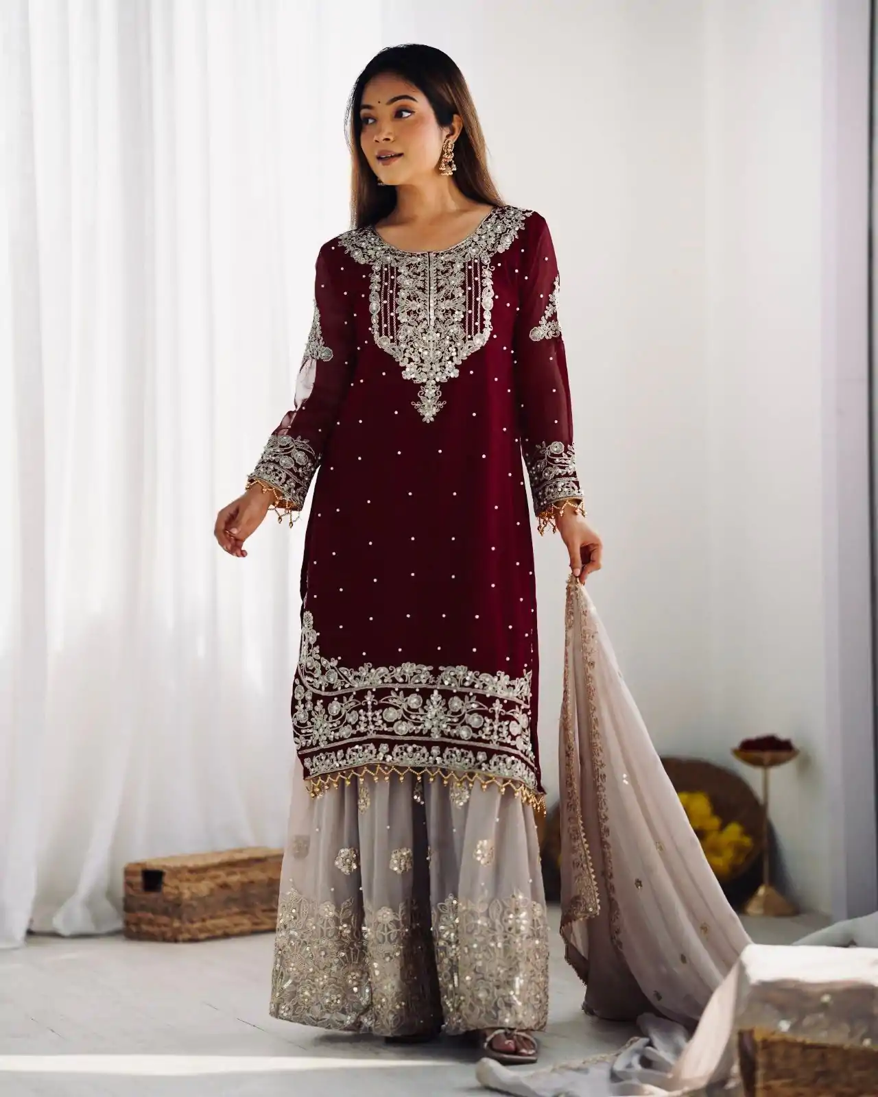 SR 1676 Maroon Heavy Faux Georgette With Heavy Embroidery Perfect for Wedding, Party, Ethnic Day, Reception, Diwali 4-6 Working Days At 2049/- Only | Casual Suits, Jump Suits, Creative suits, Designer Suits, Palazzo Suits, Party Wear Suits, Patiala Suits, Salwar suit, Straight Suits