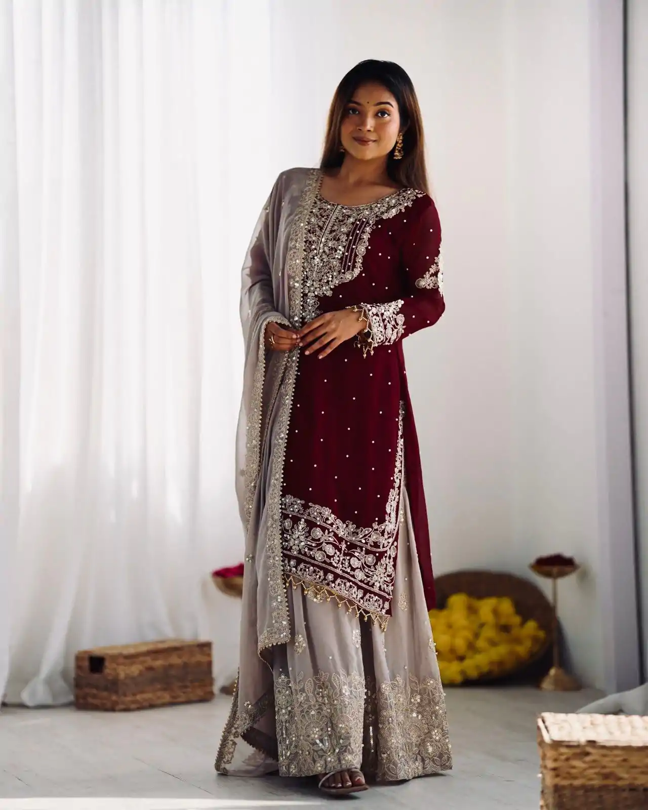 SR 1676 Maroon Heavy Faux Georgette With Heavy Embroidery Perfect for Wedding, Party, Ethnic Day, Reception, Diwali 4-6 Working Days At 2049/- Only | Casual Suits, Jump Suits, Creative suits, Designer Suits, Palazzo Suits, Party Wear Suits, Patiala Suits, Salwar suit, Straight Suits