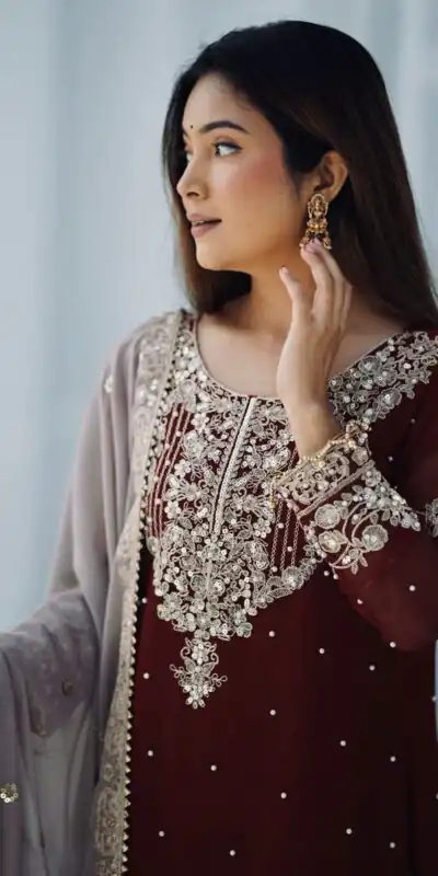 SR 1676 Maroon Heavy Faux Georgette With Heavy Embroidery Perfect for Wedding, Party, Ethnic Day, Reception, Diwali 4-6 Working Days At 2049/- Only | Casual Suits, Jump Suits, Creative suits, Designer Suits, Palazzo Suits, Party Wear Suits, Patiala Suits, Salwar suit, Straight Suits