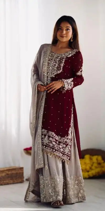 SR 1676 Maroon Heavy Faux Georgette With Heavy Embroidery Perfect for Wedding, Party, Ethnic Day, Reception, Diwali 4-6 Working Days At 2049/- Only | Casual Suits, Jump Suits, Creative suits, Designer Suits, Palazzo Suits, Party Wear Suits, Patiala Suits, Salwar suit, Straight Suits