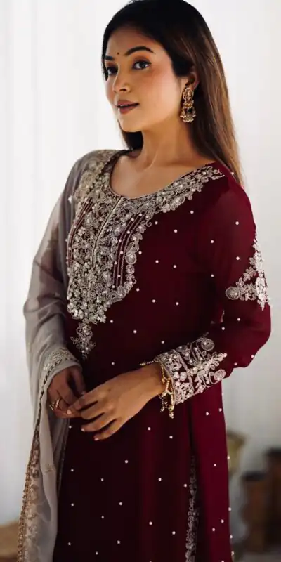 SR 1676 Maroon Heavy Faux Georgette With Heavy Embroidery Perfect for Wedding, Party, Ethnic Day, Reception, Diwali 4-6 Working Days At 2049/- Only | Casual Suits, Jump Suits, Creative suits, Designer Suits, Palazzo Suits, Party Wear Suits, Patiala Suits, Salwar suit, Straight Suits