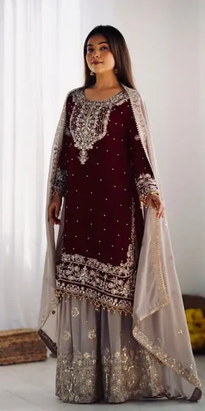 SR 1676 Maroon Heavy Faux Georgette With Heavy Embroidery Perfect for Wedding, Party, Ethnic Day, Reception, Diwali 4-6 Working Days At 2049/- Only | Casual Suits, Jump Suits, Creative suits, Designer Suits, Palazzo Suits, Party Wear Suits, Patiala Suits, Salwar suit, Straight Suits