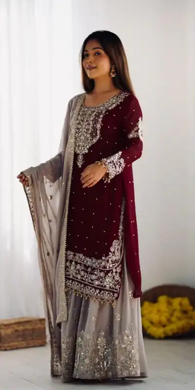 SR 1676 Maroon Heavy Faux Georgette With Heavy Embroidery Perfect for Wedding, Party, Ethnic Day, Reception, Diwali 4-6 Working Days At 2049/- Only | Casual Suits, Jump Suits, Creative suits, Designer Suits, Palazzo Suits, Party Wear Suits, Patiala Suits, Salwar suit, Straight Suits