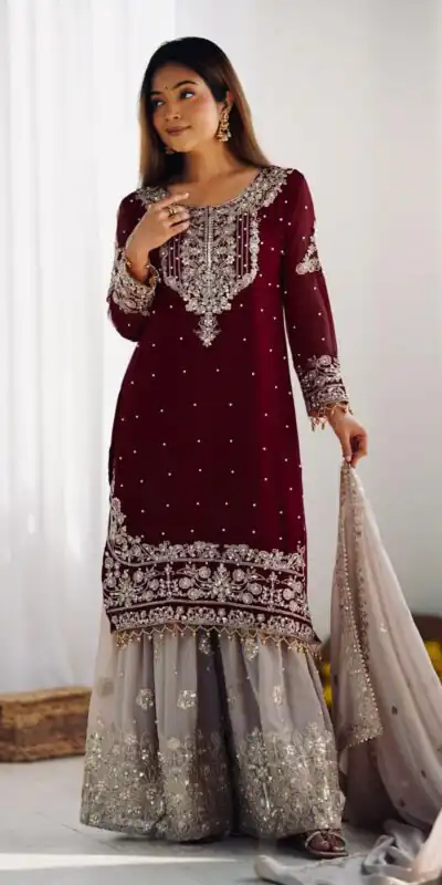 SR 1676 Maroon Heavy Faux Georgette With Heavy Embroidery Perfect for Wedding, Party, Ethnic Day, Reception, Diwali 4-6 Working Days At 2049/- Only | Casual Suits, Jump Suits, Creative suits, Designer Suits, Palazzo Suits, Party Wear Suits, Patiala Suits, Salwar suit, Straight Suits