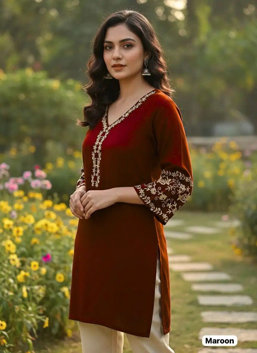 INLI Adaa 5.0 Maroon Rayon with Embroidery Work Kurti .Wedding, Party, Festive, Events, Best Price ₹1349. Delivery 4-6 Working Days. Shop now. | Bollywood Kurti, Creative Kurtis, Designer Kurti, Kurti, Party Wear Kurti, Selfie Kurti