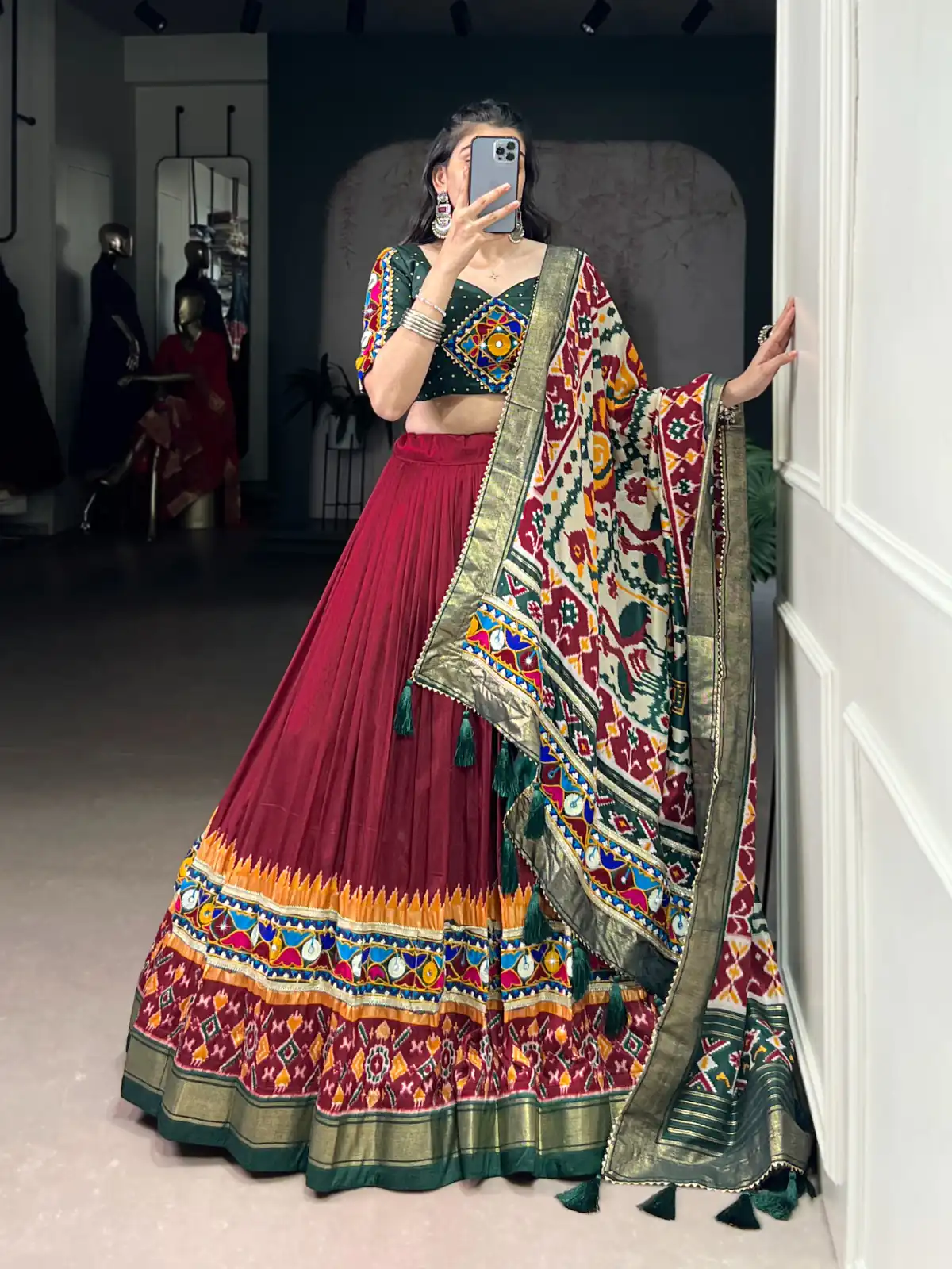 LNB 1727 Maroon Tasar Silk With Gamthi Work & Mirror Work. Get it for Lehenga Choli ₹2999. Delivery 4-6 Working Days. Shop now. | Creative Lehenga, Bollywood Lehenga, Designer Lehenga, Embroidered Lehenga, Lehenga, Party Wear Lehenga